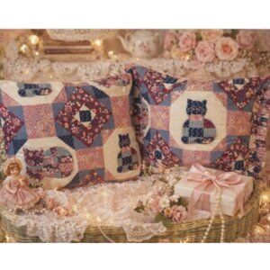 Vintage Handmade Patchwork Cat Rose Cottage Style Pillow SET‎
